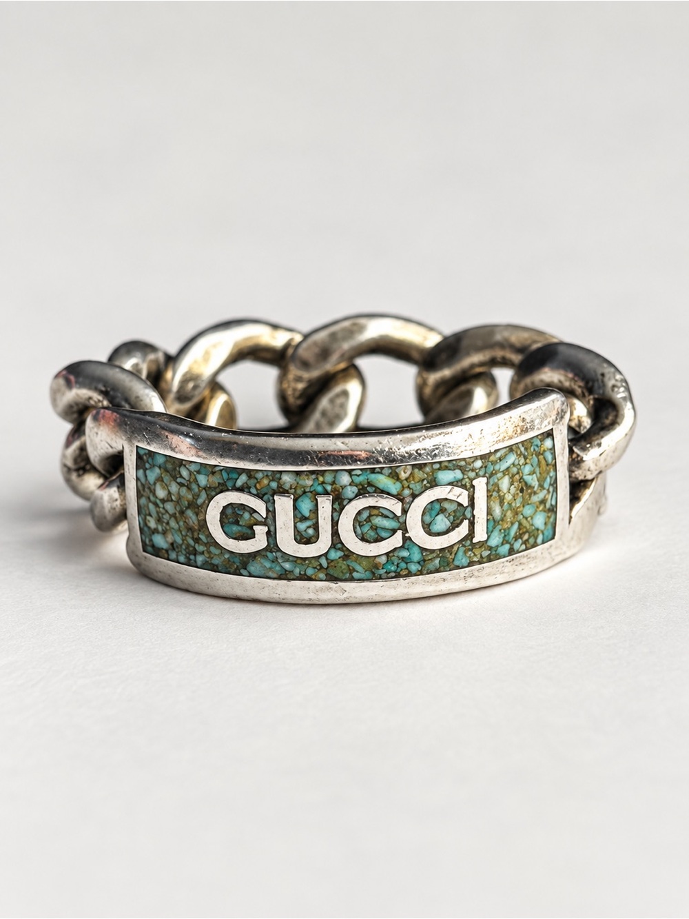 Gucci Sterling Silver 925 Turquoise Enamel Mosaic Chain Ring Size 6 Italy Unisex